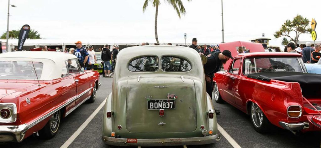 Vintage cars lined up at Cooly Rocks On